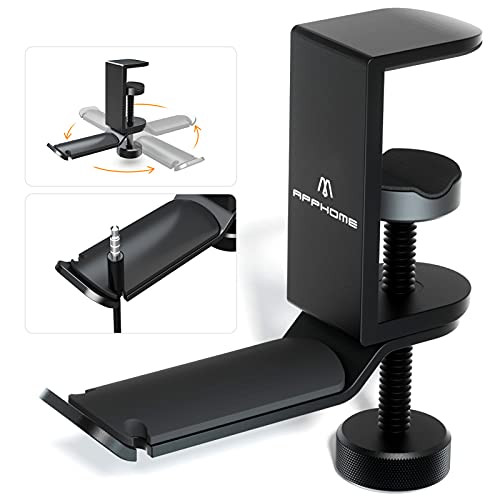 Under Desk Headphone Stand - 360 Degree Rotating Aluminum PC Gaming Headset Holder with Cable Organizer, Adjustable Screw Clamp Hanger for Heavy Headphones, VR Glasses & Bags, Universal Fit