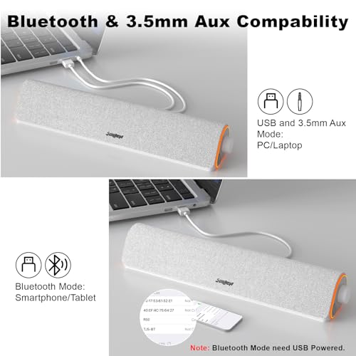 SOULION Bluetooth Computer Speakers PC Sound Bar for Desktop Monitor White | USB Powered & 3.5mm, Colorful LED Lights, Switch Button Clear & Rich Sound, Breathable Cloth,Surround Soundbar - color: White