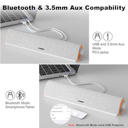 SOULION Bluetooth Computer Speakers PC Sound Bar for Desktop Monitor White | USB Powered & 3.5mm, Colorful LED Lights, Switch Button Clear & Rich Sound, Breathable Cloth,Surround Soundbar - color: White