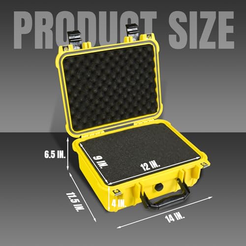 Jack Boss 14x 11.5x 6.5 Inch Hard Case, Portable Weather Waterproof Protective Camera Case with Customizable Foam, Fit Use of Drones, Camera, Equipments, Yellow - color: YELLOW, size: 13.6x11.4x6 in