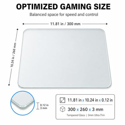 Tempered Glass Gaming Mouse Pad, Professional Esport Mouse Mat with Specialty Smooth & Silent Surface, Drop-Resistant Hard Desk Pad with 6 Anti-Slip Pads (Medium)