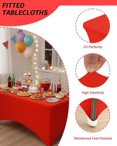Fixwal Red Stretch Table Cloth Rectangle 2 Pack 6Ft, Spandex Fitted Table Covers Washable for Party, Trade Show, Banquet, Wedding, Buffet - color: Red, size: 6 Ft