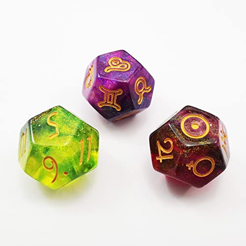 Bescon 3 Pieces Astrological Dice Set, Constellation Divination D12 Dice, 3 Colors Magical Stone Effect - color: Magical Stone Set