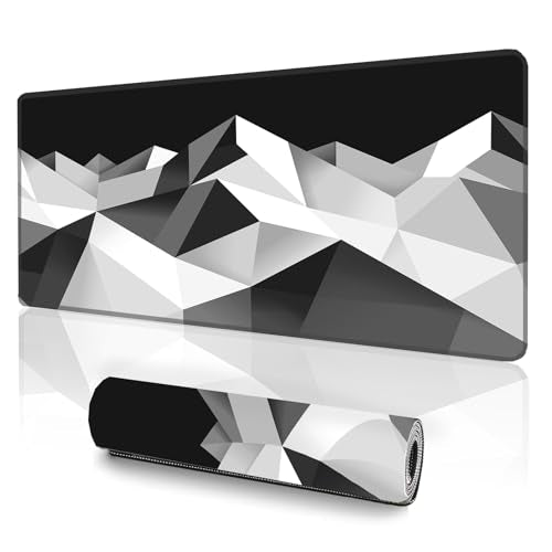 Large Gaming Mouse Pad (31.5x11.8in) - Black & White Geometric Mountain Landscape, Abstract Low Poly Design - Extended Desk Mat, Minimalist Monochrome Office Decor, Non-Slip Rubber Base - color: B&W Geometric Mountains, size: 11.8x31.5''