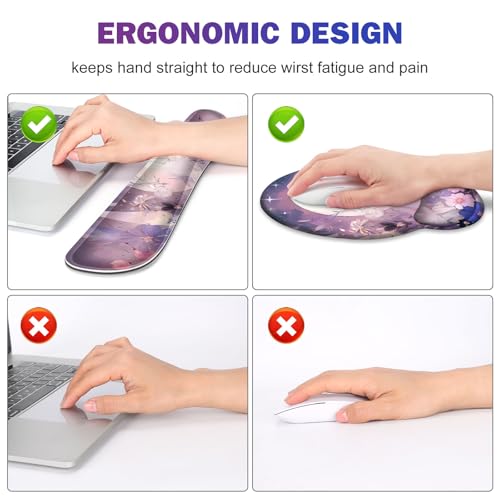 Large Desk Mat, Gaming Mouse Pad Desk Pad, Mousepad + Keyboard Wrist Rest | +Mouse Wrist Rest+Coaster Set with Ergonomic XXL Desk Pad Protector for Home Office PC Computer, Pastel Purple Flower Moon - color: Pastel Purple Flower Moon