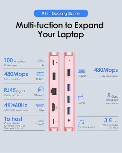 LENTION USB C Docking Staion 4K@60Hz, Ethernet, 5xUSB Ports, 100W PD, Audio | 9 in 1 Dock, 3.3ft Long Cable, Detachable Design, No Driver, Compatible with macOS, Windows & ChromeOS (D53, Rose Gold) - color: Rose Gold
