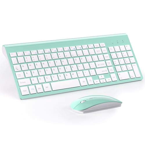 Wireless Keyboard and Mouse Ultra Slim Combo, TopMate 2.4G Silent Compact USB 2400DPI Mouse and Scissor Switch Keyboard Set with Cover, Batteries Included, for PC/Laptop/Windows/Mac - Mint Green - color: Mint Green
