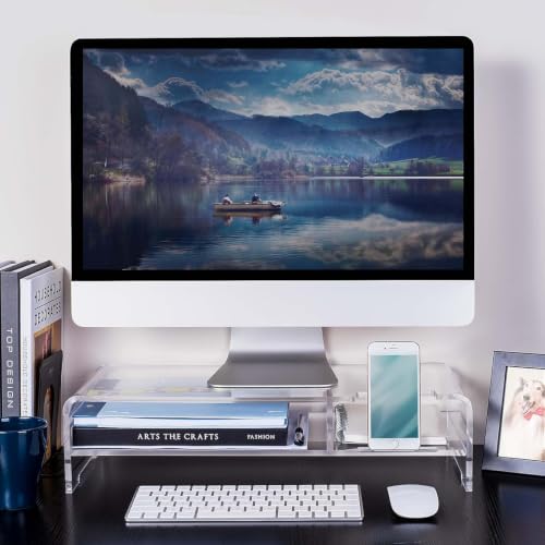 BEYGORM Acrylic Monitor Stand for Full Keyboard, 20" Wide 2-Tier | Clear Riser with Storage Shelf and Phone Holder, Desktop Organizer for Laptop, Printer & Screen