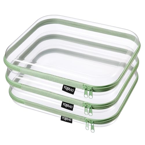 YQBRAO Clear Hard Shell Zipper Cases, 3 Large Travel Organizers, Green | Rigid 1.2 mm PET and YKK dual zippers for full-size toiletries, makeup palettes, electronics and craft supplies - color: Green, size: 3 Pack(L)