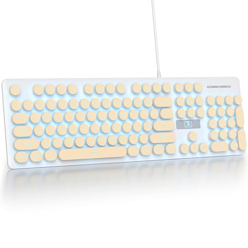 Fogruaden Wired Retro Typewriter Keyboard, Quiet Full Size Membrane Keyboard Light Up, Beige Cute Computer Keyboards, 104 Round Keys, Blue LED Backlit, Slim, Silent for Windows PC, Laptop - color: Khaki