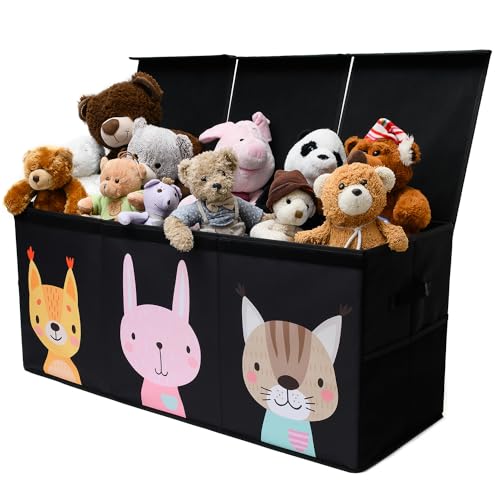 SoftOwl Extra Large Toy Storage Organizer with Lid - Sturdy, Collapsible Toy Chest Storage Box with Cute Design - Toys Bin with Dividers for Kids, Boys, Girls, Nursery, Bedroom, Play room 37"x16"x14" - color: Animals - Black
