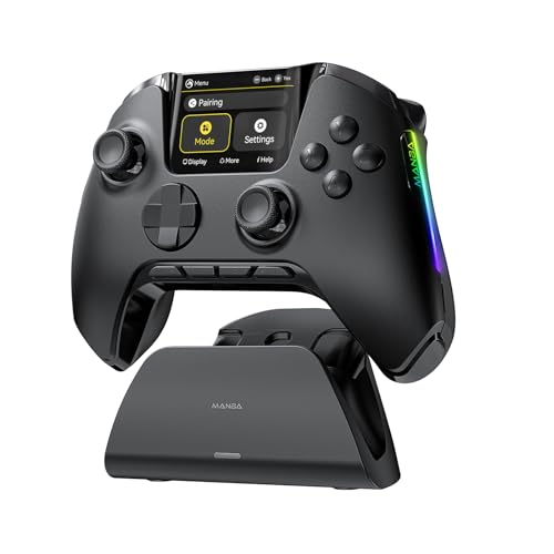 ManbaOne Interactive Screen Wireless Gaming Controller (Black) | for PC/Switch1/2/iOS/Android,Hall Effect Stick & Trigger,RGB Lighting,Remappable Buttons,1800mAh with Charging Dock - color: Black