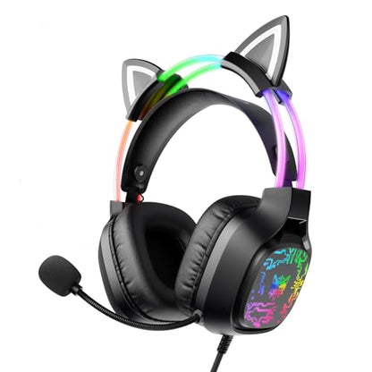 ONITOON Gaming Headset with Microphone, RGB Lights, Detachable Cat Ear, Lightweight Over-Ear Headphones with Adjustable Headband for PC, PS4, PS5, Mac, Switch, Surround Sound, in-Line Control, Black - color: Black