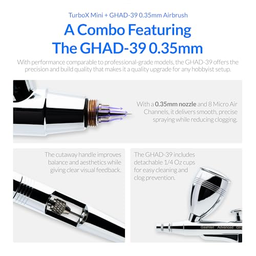 Gaahleri Airbrush Kit, Turbox mini Kit with GHAD-39 0.35mm, Dual-Action Airbrush & Air Compressor with 18 Gear Air Control, Ultra-Quiet, Multi-Scenario, for Painting, Modeling, Cake Decor