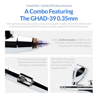 Gaahleri Airbrush Kit, Turbox mini Kit with GHAD-39 0.35mm, Dual-Action Airbrush & Air Compressor with 18 Gear Air Control, Ultra-Quiet, Multi-Scenario, for Painting, Modeling, Cake Decor