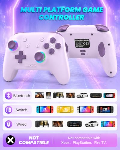 Switch Controller, Wireless Bluetooth Controller for Nintendo Switch 2/Switch/Lite/OLED, game controllers Compatible with iPhone/Mac/iPad/iOS/Android/Phone/PC/Steam and TV with Rotary Motors, RGB Hall Effect Joysticks/Macro Back Buttons/Turbo Modes/6-Axis