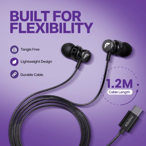FASTER SH-2C Raven USB-C Wired Earphones with Mic, 3.9 ft Cable | Hi-Fi Bass In-Ear Metal Headphones, Black, 10 mm Driver, Button Control for iPhone, Samsung, Laptop, Handsfree with Mic