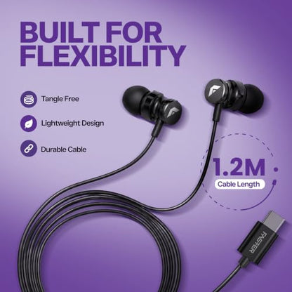 FASTER SH-2C Raven USB-C Wired Earphones with Mic, 3.9 ft Cable | Hi-Fi Bass In-Ear Metal Headphones, Black, 10 mm Driver, Button Control for iPhone, Samsung, Laptop, Handsfree with Mic