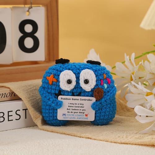 Positive Crochet Controller Gifts for Gamer Boyfriend, Retro Gamer Gifts for Men Teenage Boys, Handmade Gamer Game Controller Doll for Teen Girls Boys Christmas, Emotional Support Crochet Decor