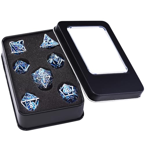 AUSTOR Metal DND Dice Set 7 Pieces Leaf DND Dice Hollow Polyhedral Dice D20 D12 D10 D% D8 D6 D4 Metal Dice with Metal Box for Dungeons & Dragons RPG Board Games (Blue & Silver) - color: Blue & Silver