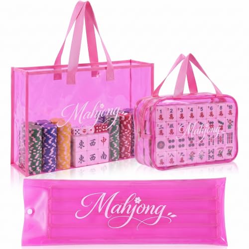 3 Pcs Clear Mahjong Bag Set, Waterproof PVC Tote Bags with Zipper Closure Large Medium Carry Bag with Storage Pouch Transparent Organizer for Mahjong Tiles, Travel,Game (Red) - color: Red