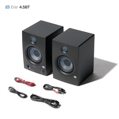 PreSonus Eris 4.5BT Bluetooth Studio Monitors, Pair — 4.5" Inch Powered Bookshelf Speakers, Stereo, Desktop Computer, Near Field Music Production, Audio Mixing Recording | Pair • Bluetooth 5.0 • 4.5 Woven Woofer • 1 Silk-Dome Tweeter • 50W Class Ab • 70hz