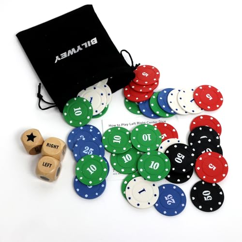 Bilywey Left Right Center Dice Game Set with 3Pcs 1Inch Wood Dices + 50pcs Colorful Poker Chips (Wood Set) - color: Wood Set