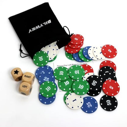 Bilywey Left Right Center Dice Game Set with 3Pcs 1Inch Wood Dices + 50pcs Colorful Poker Chips (Wood Set) - color: Wood Set