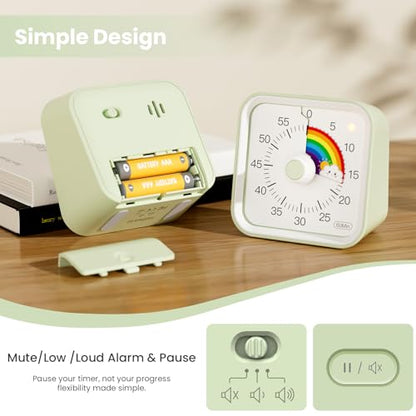 Visual Timer for Kids, Rainbow Timer with Pause Function, Green | Cute Silent Timer for Classroom, ADHD, Kitchen, Toddlers, Study, Alarm 3 Volume Levels, Light Indicator, Easy to Use - color: Rainbow Green