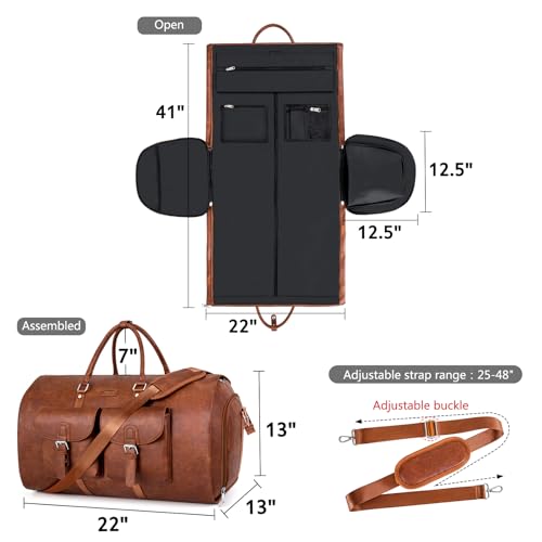 Garment Bag for Travel Convertible Carry on Travel Duffel Bag for Men Women | 3PCS Large Weekender Bag with Waterproof Shoes Pouch 2 in 1 Hanging Clothes Suit Dress Bag Travel Garment Duffel Bag 56L - color: A5-Brown-Faux Leather