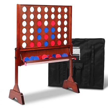 Height Adjustable Giant Wooden 4 in A Row Game | Adjust Heights (2.75-3.75 FT), Foldable Tray, Wall Mounted or Set-up on Ground, Carrying Case - style: Premium (Adjustable 33"-45")
