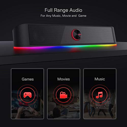 Redragon GS560 RGB Desktop Soundbar, 2.0 Channel Computer Speaker with Dynamic Lighting Bar Audio-Light Sync/Display, Touch-Control Backlit with Volume Knob, USB Powered w/ 3.5mm Cable, Black | 2.0 Stereo Enhanced Auido Quality, Touch-Control Backlit, Vol
