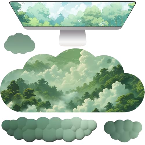 Cloud Mouse Pad Keyboard Wrist Rest for Mouse 4PCS Extended Large Desk Mat Pad Set Memory Foam Non-Slip Cute Ergonomic Gaming Mouse Wrist Support for Computer Home Office Mountain Forest Green - color: L-green