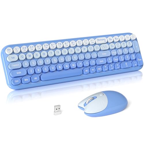 Wireless Keyboard and Mouse Combo, Meidosa 2.4GHz Colorful Full-Size Retro Typewriter Keyboard with Cat Shape 3 Level Adjustable Optical Mouse for PC/Desktop/Laptop/Windows (Blue Gradient) - color: Compact Blue Gradient Colorful