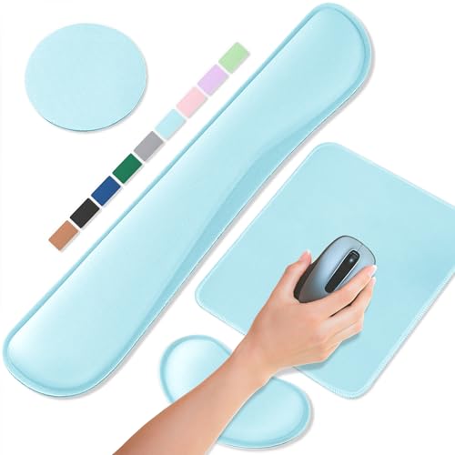 Office Ergonomic Memory Foam Computer Mouse and Keyboard Wrist Rest pad Support Carpal Tunnel, Wrist Rest for Keyboard and Mouse, Wrist Support Set - color: Light Blue, style: 4 in 1 SET (Keyboard wrist pad + mouse wrist pad + Desk pad + Cup coaster)