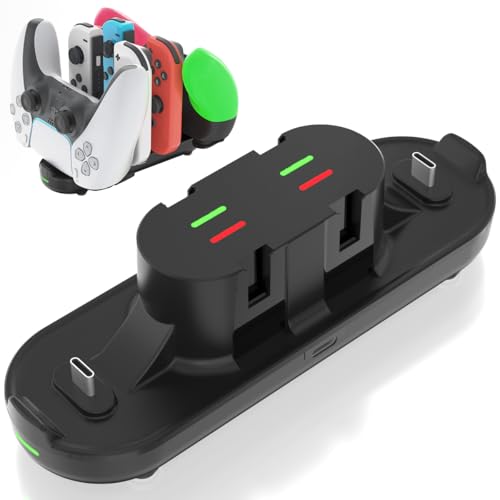 Switch Controller Charger for Nintendo Switch, Charging Dock with JoyCon/Pro / PS5 Controller, Charger Station with LED Indicator and Charger Cable for JoyCons, 6 in 1 Nintendo Charging Dock - size: 80cm