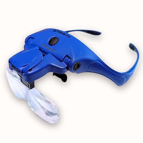 FOXBITE LED Magnifier Glasses for Miniature Painting – 5 Lenses, Dual-Brightness Light, Rechargeable Headset with Glasses or Headband Option – Hobby Tool for Warhammer, D&D, Model Kits