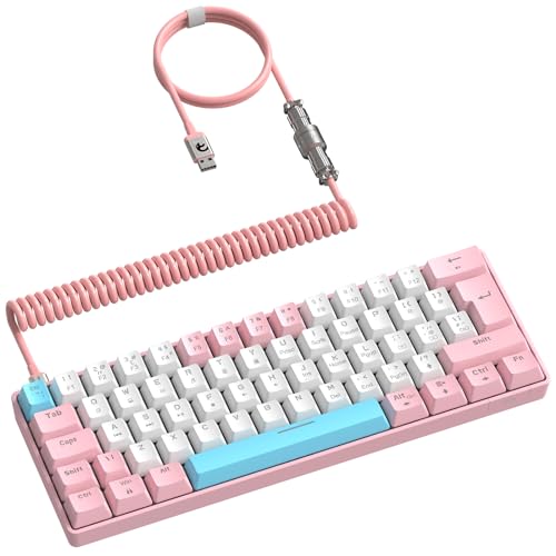 ZIYOU LANG RK-T60 Wired Mechanical Gaming Keyboard Mini Portable with Rainbow Backlit 62Key ABS Keycaps Full Anti-Ghosting Ergonomic Design Coiled Aviator Cable for PS4/PC/WIN Gamer(Pink/Blue Switch) - color: Pink, size: Keyboard + Coiled Cable