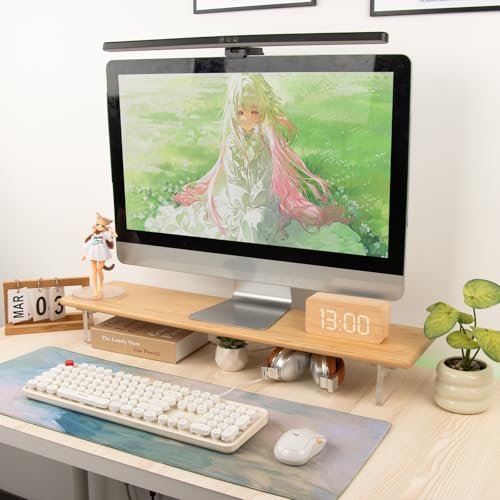 Bamboo Monitor Stand Riser, Natural Desk Shelf with Acrylic Legs | 31.5-Inch Wide, 3.3-Inch Clearance, Fits Monitor, Laptop, Printer and Speakers for Small Desks - color: Natural
