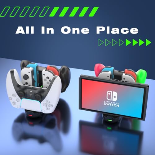 Switch Controller Charger for Nintendo Switch, Charging Dock with JoyCon/Pro / PS5 Controller, Charger Station with LED Indicator and Charger Cable for JoyCons, 6 in 1 Nintendo Charging Dock - size: 80cm