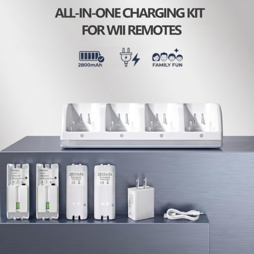 4-in-1 Charging Station for Wii&Wii U Remote Controller,Charger with 4 Rechargeable Battery Packs (4 Port Charging Station+4 pcs 2800mAh Replacement Batteries+USB Cable),Remote Not Included