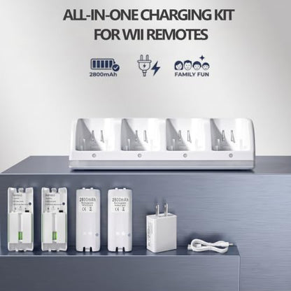 4-in-1 Charging Station for Wii&Wii U Remote Controller,Charger with 4 Rechargeable Battery Packs (4 Port Charging Station+4 pcs 2800mAh Replacement Batteries+USB Cable),Remote Not Included
