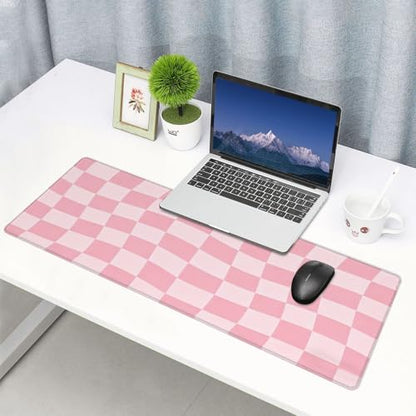 Gaming Mouse Pad, Large Pink Checkered Mousepad Laptop, Extended Mouse Mat, Long XL Waterproof Keyboard Pads, Big Non-Slip Mousepads for Game Office Home, 31.5 x 11.8 in - color: Pink Checkered