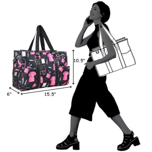 NGIL Utility Water Resistant Tote Bag | Work Tote for Women, Nurse Bag, Teacher's Choice Purse, Gym Bag, Everyday Organizer Top Zipper Closure - color: Pink Nurse Print-black