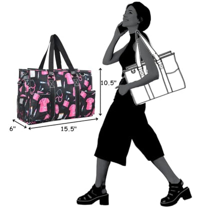 NGIL Utility Water Resistant Tote Bag | Work Tote for Women, Nurse Bag, Teacher's Choice Purse, Gym Bag, Everyday Organizer Top Zipper Closure - color: Pink Nurse Print-black