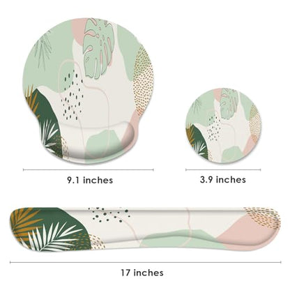 Ergonomic Mouse Pad Set with Wrist Rest, Boho Leaves | Green Non-Slip Rubber Base Wrist Cushion Support and Coasters Mousepad with Wrist Support for Computer Keyboard - color: Green Boho Leaves