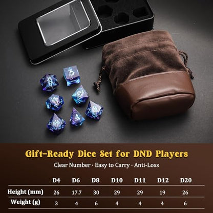 MoKo Liquid Core DND Dice Set 7PCS, Blue | Sharp Edge Resin Polyhedral, D20 D12 D10 D8 D6 D4 D%, Gift Box Included, Compatible with Dungeons and Dragons RPG - color: 1 - Blue