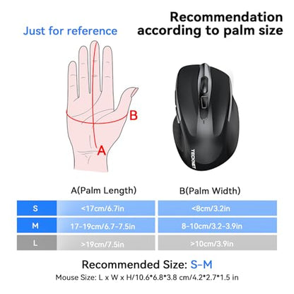 TECKNET Wireless Mouse, BT 5.0/2.4G, Silent 4800 DPI 6 Buttons, Black | Bluetooth 5.0/3.0 & USB A, 2-Device Easy Switch, Wide OS Compatible, 6-DPI, Ergonomic for S/M Hands, Extended Battery - color: Black