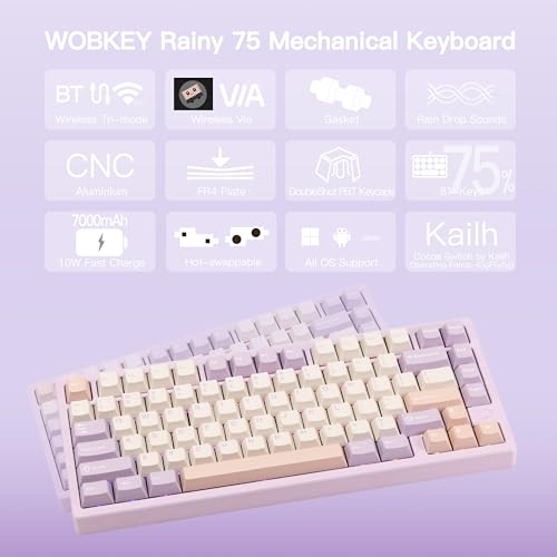 KEEBMONKEY WOBKEY Rainy 75 CNC Aluminum HMX/JWK/Cocoa Switches Triple-Mode Connectivity Mechanical Keyboard with Superior Acoustics, RGB/FR4/Silver SUS304/7000mAh/Cocoa Switch (Pro - Purple) - style: Pro - Purple
