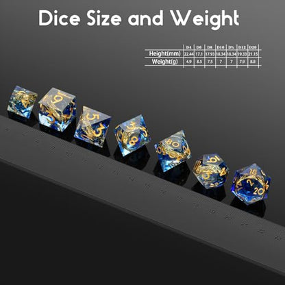 DNDND Sharp Edge D&D Dice Set - 7-Piece Swirl Resin with Golden Ring Inside with Gift Case for DMS & Players - Blue - color: Ring Blue